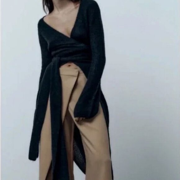 Zara Wrap Effect Wide Pants Tan Beige M High Waisted Wide Legs pareo trousers - Picture 4 of 17